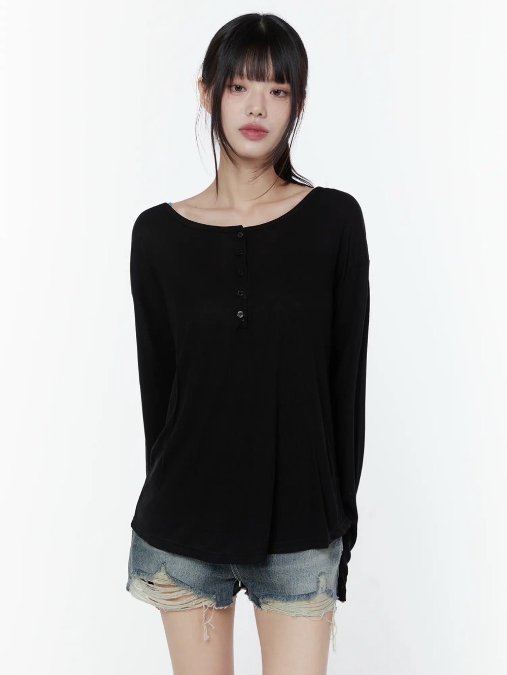 Lewkin Relaxed Fit Ribbed Henley Black Button-Front Long Sleeve Top Size S/M